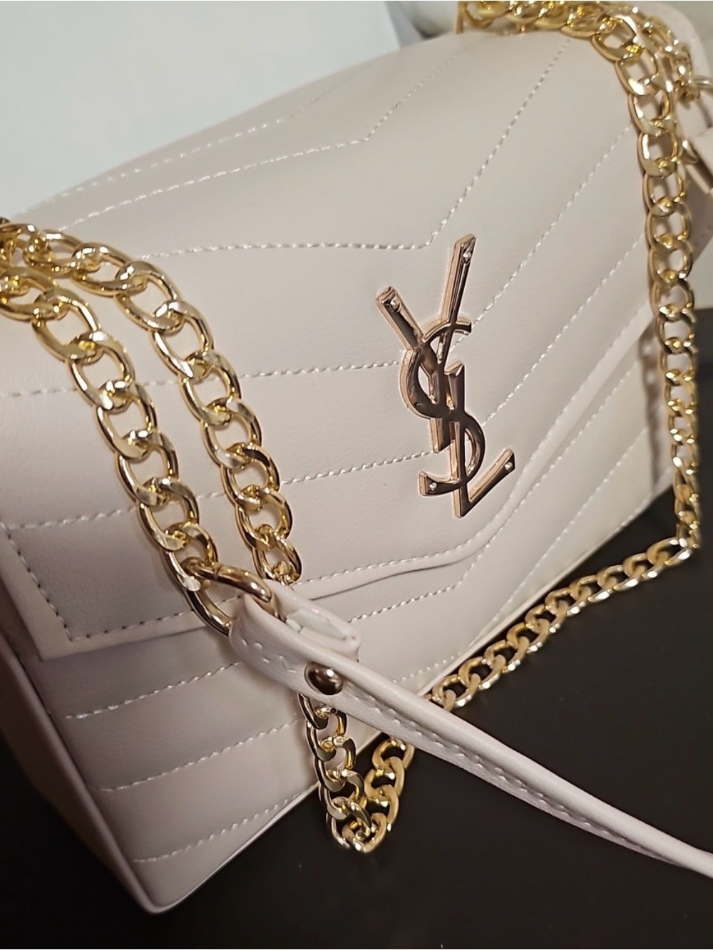 Yves Saint Laurent Cream Quilted Crossbody with Gold Chain